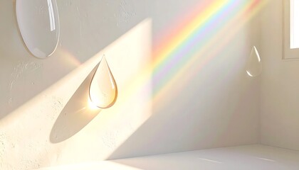 Obraz premium Abstract Water Drops Floating in Sunlight Creating a Soft Rainbow Prism Effect Against a Minimalist Interior Wall Background
