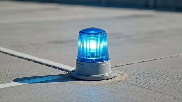 Single blue lamp inset taxiway light on plain grey concrete surface, glowing steadily, captured in three sequential frames showing gradual illumination and shadow play