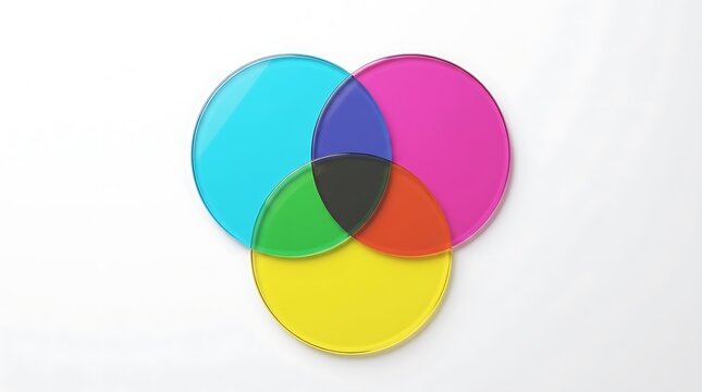 Overlapping Transparent CMY Color Glass Discs on White Background