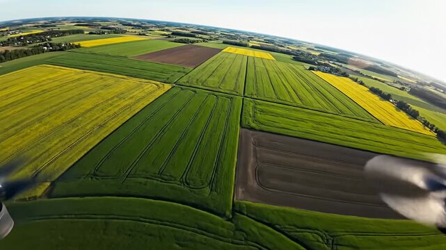 Aerial view of circular green crop patterns in fields.