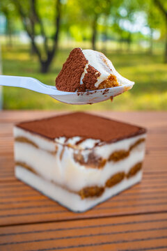 Spoon lifting slice of tiramisu dessert with cream and cocoa layers on wooden table, Italian food concept