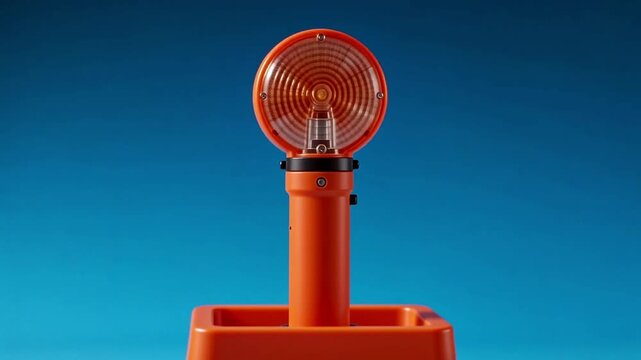 Orange marshalling wand with illuminated light on top stands upright in holder against a cobalt gradient background, showcasing its vibrant color and design features