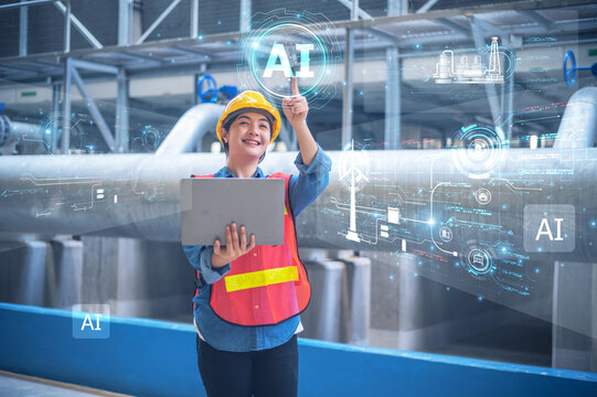 Asian woman Engineer working in AI technology creating intelligent power plant solutions for industrial efficiency.