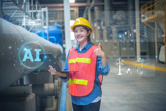 Asian woman Engineer working in AI technology designing advanced power plant systems for modern factories.