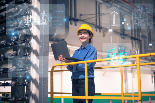 Asian woman Engineer working in AI technology developing smart energy systems for factory power plants.