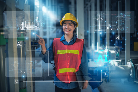 Asian woman Engineer working in AI technology optimizing power plant design with AI-driven analytics.