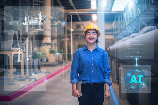 Asian woman Engineer working in AI technology transforming factory power systems with innovative AI design.