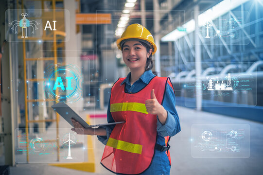 Asian woman Engineer working in AI technology advancing smart factory power plant design with cutting-edge AI.