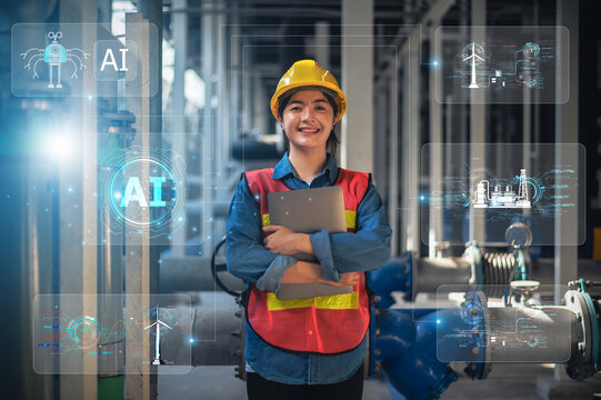 Asian woman Engineer working in AI technology building sustainable power plant systems for industrial use.