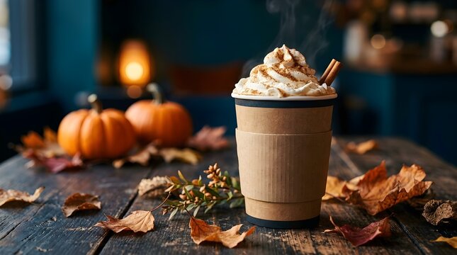 A delicious pumpkin spice latte served in a takeaway cup with whipped cream on a rustic wooden table with autumn leaves