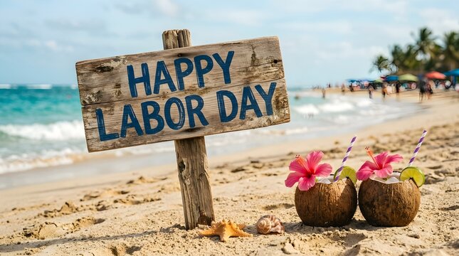 Wooden sign with happy labor day text placed on a sandy tropical beach with two coconut drinks and pink flowers