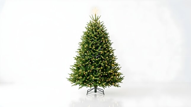 A beautiful lush green artificial christmas tree standing isolated against a clean white background perfect for holiday season graphic design projects
