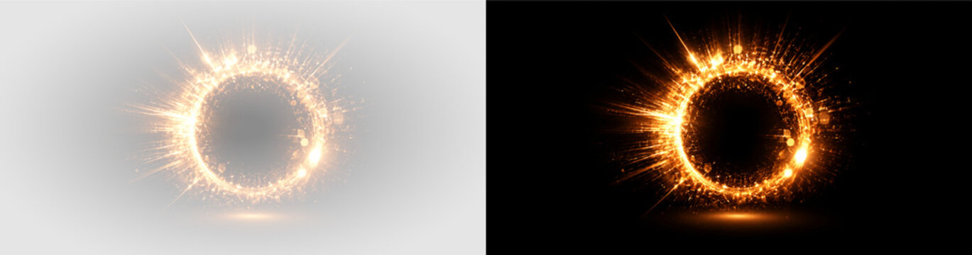 Golden glowing lens flare PNG overlay with radiant circular sparkle halo, on transparent background