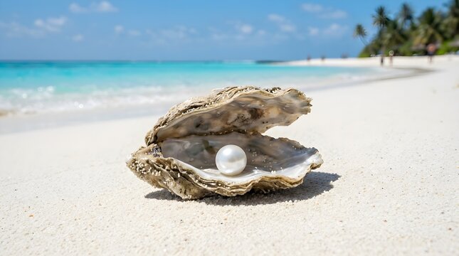 A beautiful shiny white pearl inside an open oyster shell sitting on the pristine white sand of a tropical beach shore