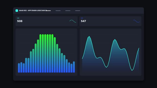Digital dashboard analytics interface with dynamic bar charts and line graphs for data monitoring