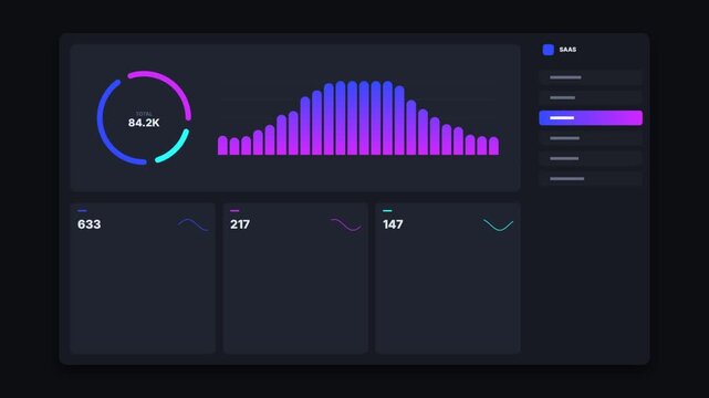 Neon glowing data dashboard interface with dynamic bar charts and circular progress indicators