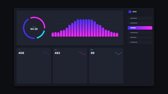 Digital dashboard interface with neon glowing bar charts and data analytics performance metrics