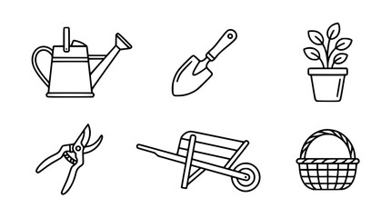 Obraz premium Horticulture and backyard gardening tool line icon set featuring traditional watering can, metal soil trowel, potted houseplant, pruning shears, wooden wheelbarrow, and woven harvest basket