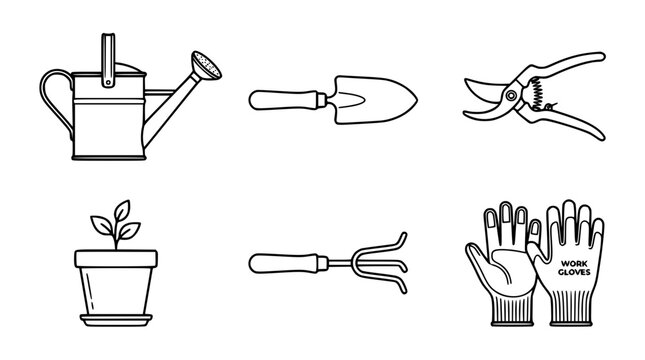 Garden cultivation and backyard farming hand tools line icon set featuring retro watering can, metal dirt trowel, pruning shears, plant flowerpot, soil hand rake cultivator, and protective work gloves