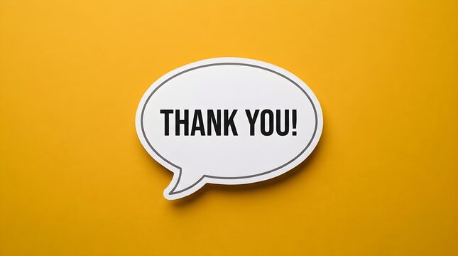 A bright and cheerful yellow backdrop showcases a pristine white speech bubble displaying the words thank you in prominent bold black lettering