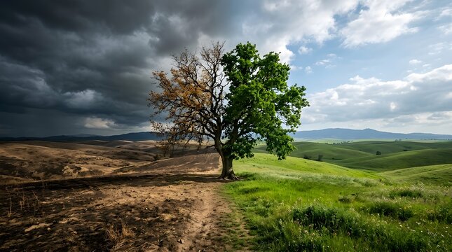 Dramatic landscape showcasing the stark contrast between drought and vibrant life with a solitary tree