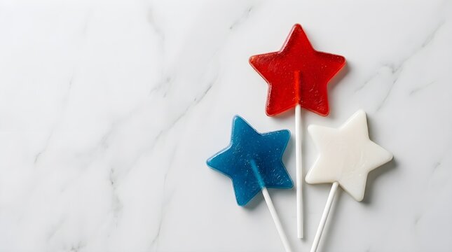 Vibrant star shaped lollipops in assorted colors displayed on a polished white marble surface ideal for celebrations and delightful confectionery concepts