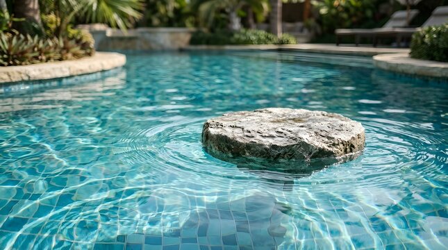 A peaceful turquoise swimming pool features a beautiful natural stone accent and is encircled by vibrant lush tropical plants on a bright
