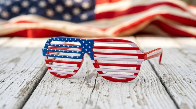 American flag sunglasses displaying patriotic colors rest on rustic wood perfect for celebrating national holidays and warm summer season festivities