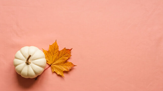 White pumpkin autumn flat lay. Orange maple leaf on pink background. Minimalist fall seasonal still life. Thanksgiving harvest decor. Copy space. Halloween