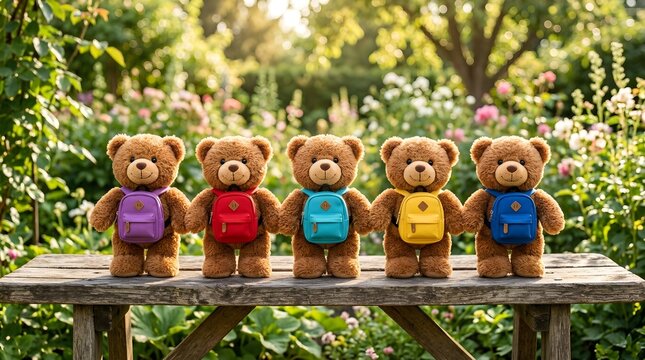 Five adorable colorful teddy bears each wearing a small backpack are lined up neatly on an old wooden bench in a vibrant