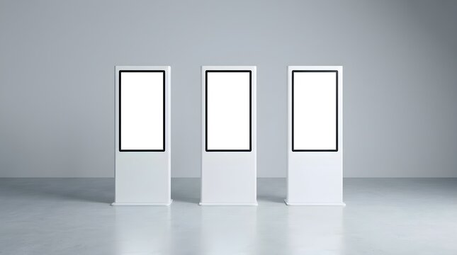 A minimalist interior design features three identical white doors aligned against a bright stark white wall evoking repetition and a feeling of