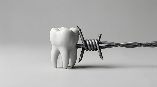 A stark black and white image of a human tooth impaled on a length of twisted barbed wire representing pain and suffering