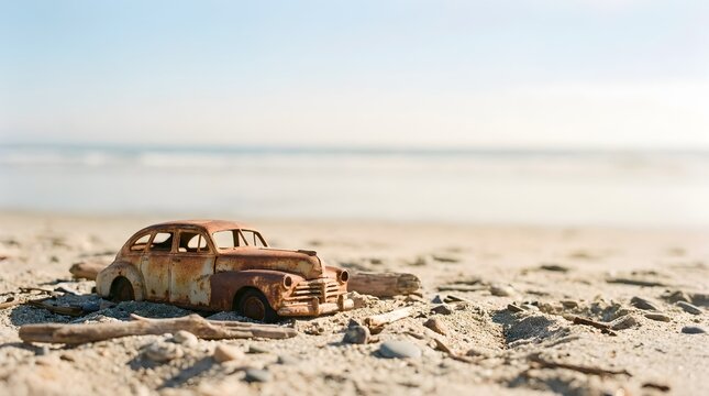 A severely damaged old automobile sits completely wrecked and abandoned on a wide sandy beach with a softly blurred ocean and bright