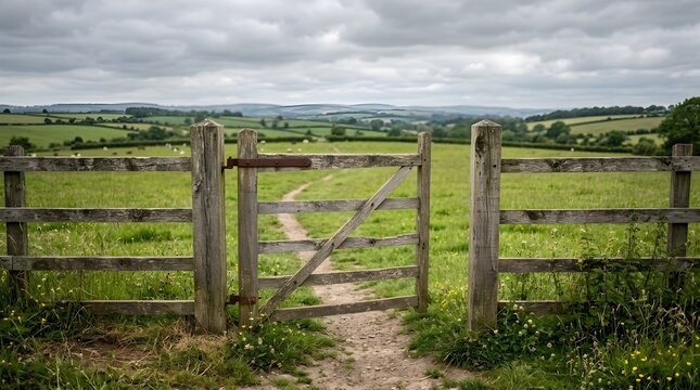 An aged rustic wooden gate remains open inviting passage into a vibrant green field beneath a cloudy overcast sky in the rural