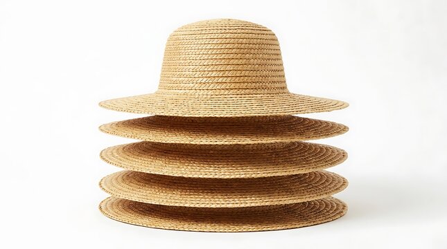 Stacked woven straw sun hats isolated on a white background