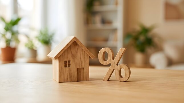 A small handcrafted wooden house model sits before a large dollar sign representing the ideas of homeownership and smart financial investment opportunities