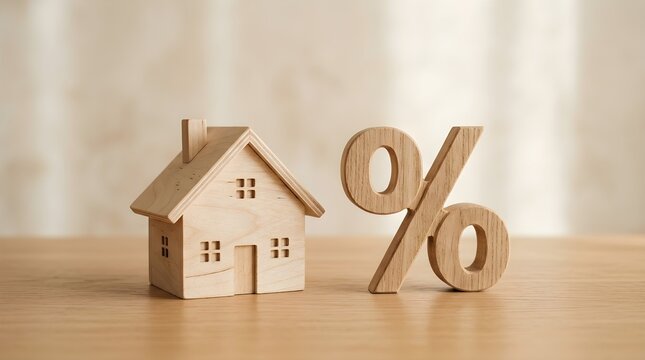 A small scale house model is carefully placed next to a sizable wooden percent sign symbolizing fluctuating mortgage rates and the challenge