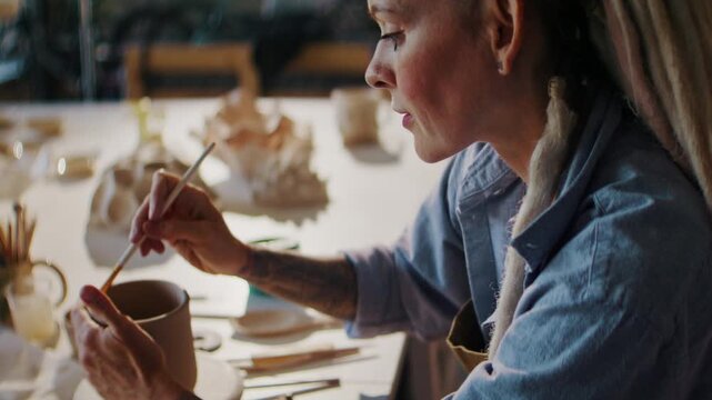 Concentrated woman plains pot edge with wet brush in workshop
