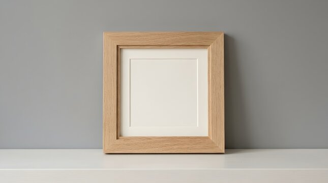 A square wooden picture frame with a blank white center standing on a white shelf against a plain grey wall background