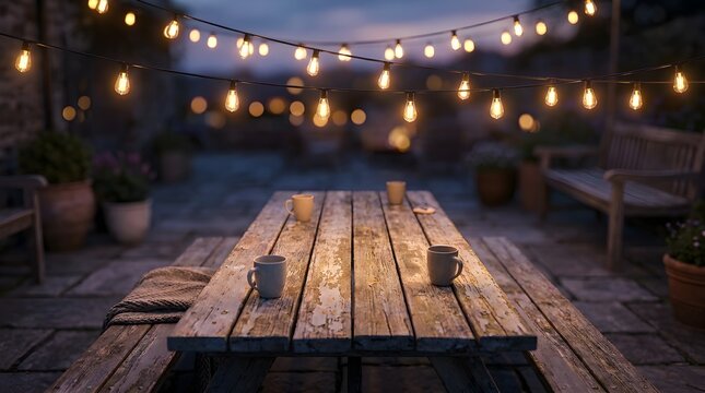A rustic wooden dining table set on an outdoor rooftop terrace illuminated by glowing string lights during a peaceful evening twilight