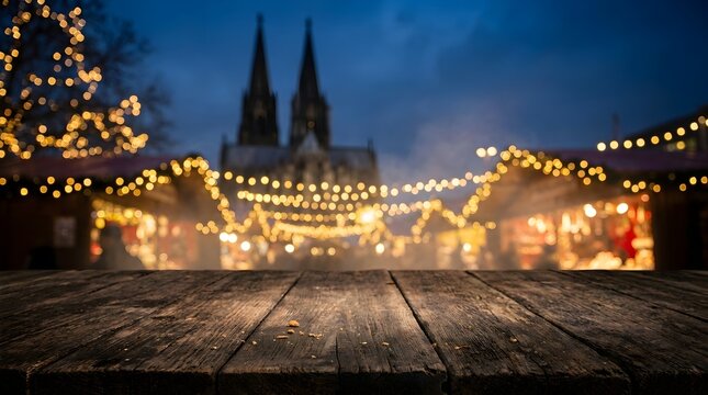 Empty wooden table in front of a festive christmas market with glowing fairy lights and a cathedral in the background