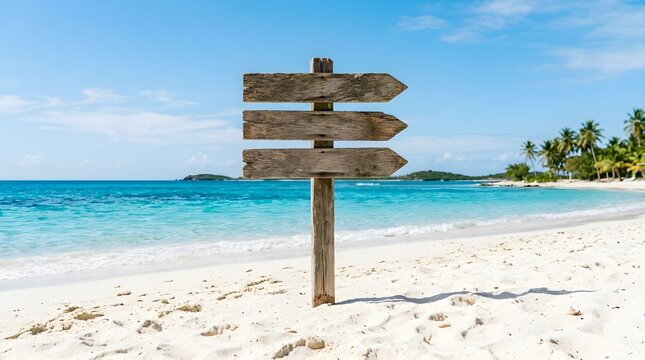 A rustic wooden signpost standing on a pristine white sandy beach with turquoise ocean water and clear blue sky background scenery