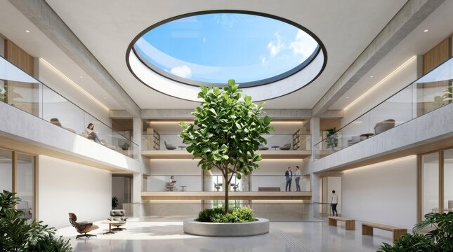 A spacious, modern atrium with a large, round skylight, surrounded by glass walls and a wooden ceiling, featuring a large tree in the center, with people walking around and enjoying the space.