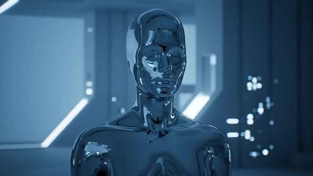 Chrome humanoid robot torso in futuristic lab setting.