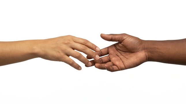 Two diverse hands reaching toward each other on white background