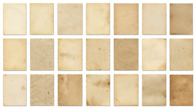 Collection of blank vintage postage stamps with aged paper texture