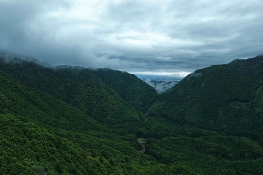 Aerial drone photo of misty mountain valley with forest in Kumano, Mie, Japan