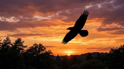 Naklejka premium A majestic raven soars through a dramatic sunset sky, silhouetted against the vibrant orange and pink hues of the clouds. 