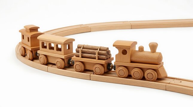 Wooden toy train set with locomotive and carriages on curved tracks