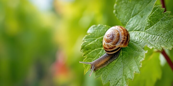 Grape snail crawls on green leaf in vineyard during daylight hours, showing natural environment and activity